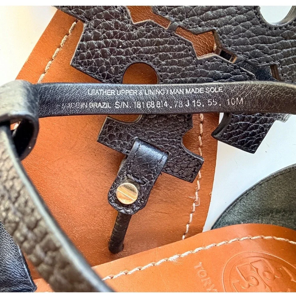 Tory Burch Phoebe Logo Thong Sandals Black Pebbled Leather Size 10